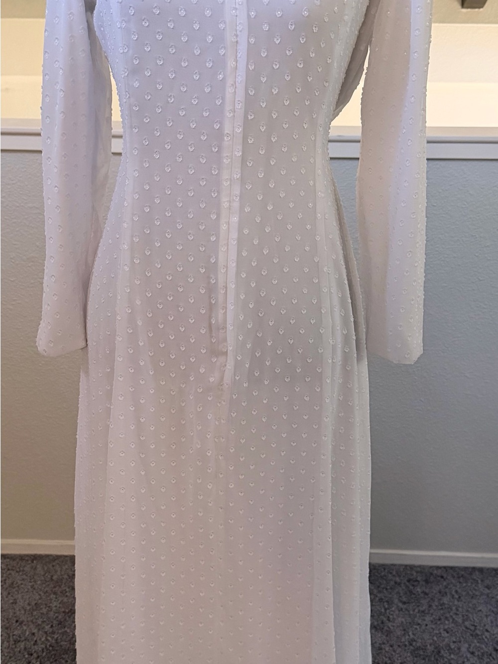 White Long-Sleeve Maxi Dress with Swiss Dot Detail